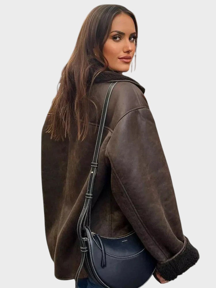 Stine | Stilfuld læderjakke med shearling-besætning